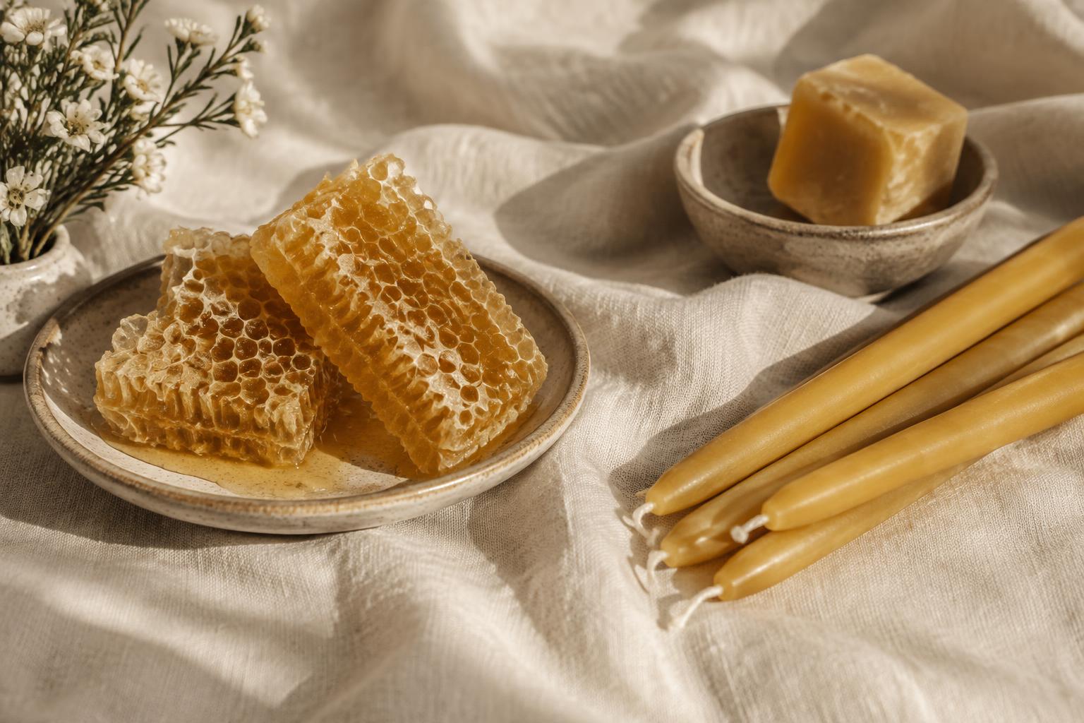 Honeycomb and pure beeswax taper candles resting on cream linen