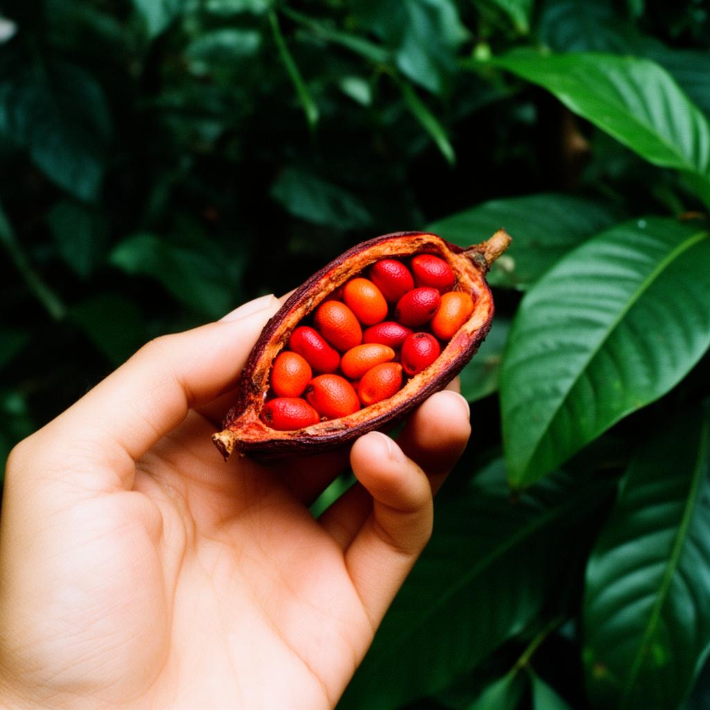 Hand holding an open urucum pod revealing vibrant red seeds
